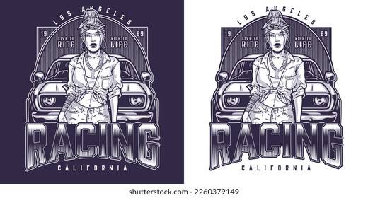 Girl street racer flyer monochrome with retro car for competition between drivers and cocky belle in knotted shirt vector illustration