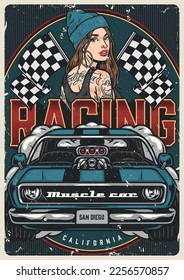 Girl street racer poster colorful retro car with San Diego license plate for competition near finish flags vector illustration