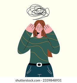 Girl in Stress and Depression. Depressed woman with Bewildered Thoughts in Mind Feel Unhappy Emotions, Mental Disease. Cartoon Vector Illustration