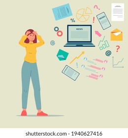 Girl in stress is overload by lot of information, work and internet data stream.