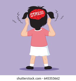 Girl with stress word on brain, vector illustration cartoon
