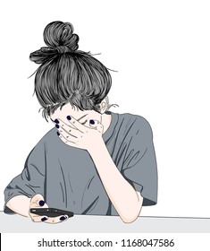 The girl is stressed while playing mobile.Doodle art concept,illustration painting