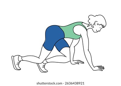 Girl stretching crowling on floor, walking in all fours. Training, preheat, sports. Sketch line art vector illustration on white background.