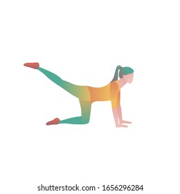 Girl is stretching in a gym, flat vector illustration. A woman in a gymnastics class at a Pilates training session. A young sports girl trains the muscles of the buttocks on a white background.