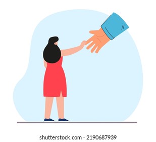 Niña extendiendo la mano a la enorme ilustración portadora plana de mano humana. Persona irreconocible dando una mano. Apoyo, unidad, concepto de amistad para banner, diseño de sitio web o página web de aterrizaje