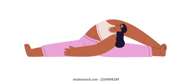 Girl stretching in hanumanasana, yoga posture. Young flexible woman exercising in split pose, position. Female in asana, healthy zen workout. Flat vector illustration isolated on white background