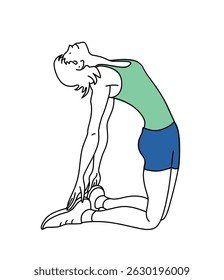Menina esticando as costas tocando os dedos dos pés com as mãos. Treinamento, pré-aquecimento, esportes. Ilustração vetorial de arte de linha de esboço em fundo branco.