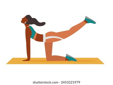 Girl stretching on yoga mat. Girl with sport equipment, fitness gym accessories flat vector illustration