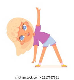 Girl stretching vector illustration. Cartoon isolated kid training body health with gymnastic sports exercises or morning yoga workout, side bend movement of child, healthy activity and lifestyle