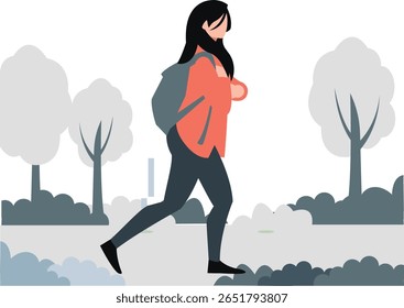 Uma garota caminha confiantemente para a frente, sua bolsa pendurada sobre seu ombro, incorporando determinação e propósito em cada passo à medida que ela segue com resiliência e graça.
