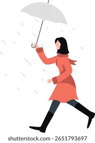 The girl strides swiftly, clutching an umbrella.
