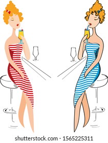 girl in a striped dress drinking a cocktail at the bar