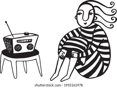 Girl in a striped dress listening to the old fashioned radio. Black and white image. Isolated elements on white background. Vector illustration made after hand drawn sketch.