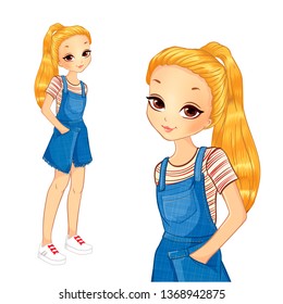Girl In Striped Shirt And Denim Dress