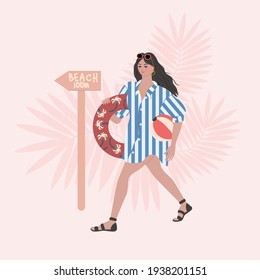 A girl in a striped shirt goes to the beach and carries a lifebuoy and a ball. Bright summer cartoon illustration of a woman.