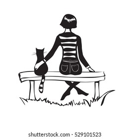 girl in a striped sweater, sitting on a bench with a tabby,back view