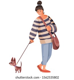 girl in a striped sweater, walks with her dog on a leash, isolated object on a white background, vector illustration