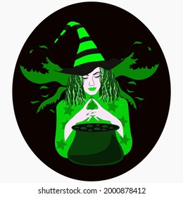 A girl in a striped Witch hat in green clothes with stars wavy hair and carved wings sits against the background of a dark portal and holds her hands over a cauldron of boiling potion. Isolated vector