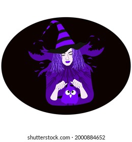 A girl in a striped Witch hat with wavy hair and carved wings sits against the background of a dark portal and holding an owl with big eyes by the ears. Isolated vector Halloween style illustration 