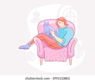 The girl strokes and hugs the cat in her arms at home while sitting on a pink sofa. Color cute illustration of human and pet kitten friendship. Home comfort concept for website or print.