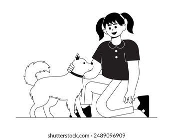 Girl stroking shaggy dog, kid and pet vector illustration.