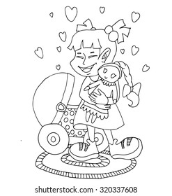 the girl in the stroller rolls in her doll outline cartoon hand drawing for coloring isolated on the white background