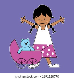 girl and stroller, vector illustration