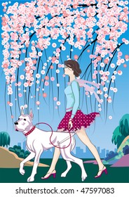 girl strolls through the park with her buddy