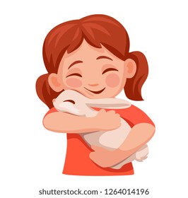 girl strongly presses down with itself a rabbit. girl holding a rabbit