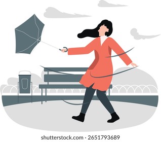 A menina se esforça para segurar seu guarda-chuva enquanto ele flutua descontroladamente em um vento feroz, ameaçando levá-lo embora.