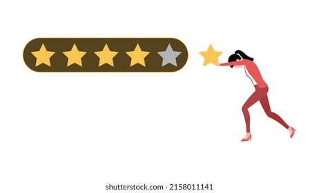 A girl struggling to get five star rating, business character vector illustration on white background. 