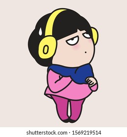 Girl Struggling And Trying To Put On Sweater. People Who Hate Winter Concept Card Character Illustration