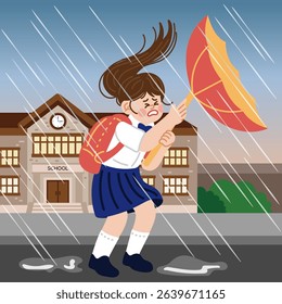 Girl struggling with an umbrella in the rain