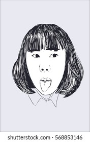 girl stuck out her tongue, Hand drawn vector illustration