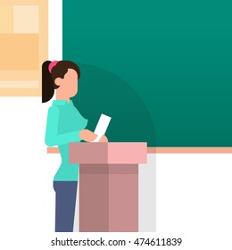 Girl Student Answer Over Tribune Chalkboard University Education Flat Vector Illustration