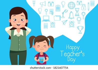 girl student with aquarium and teacher woman vector illustration design
