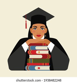 girl is a student of Arab appearance with books. young graduate of a college, an academy after exams. flat drawing in cartoon style. stock vector illustration. EPS 10.