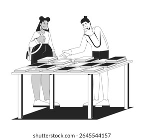 Mochila de estudante menina e homem apontando para a mesa do livro discutindo preferências caracteres de linha 2D. Biblioteca de livraria participantes diversos isolados tinta vetor contorna pessoas. Ilustração de ponto monocromático