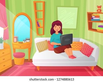 Girl student bedroom. Teenager apartment room, online study at home and woman student reading on laptop computer. Youth female bedroom interior cartoon illustration