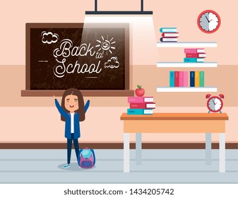 girl student with blackboard and books in the classroom