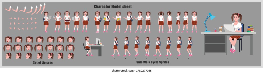 Girl Student Character Design Model Sheet with walk cycle animation. Girl Character design. Front, side, back view and explainer animation poses. Character set with various views and lip sync