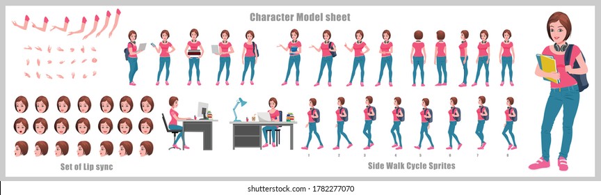 Girl Student Character Design Model Sheet with walk cycle animation. Girl Character design. Front, side, back view and explainer animation poses. Character set with various views and lip sync