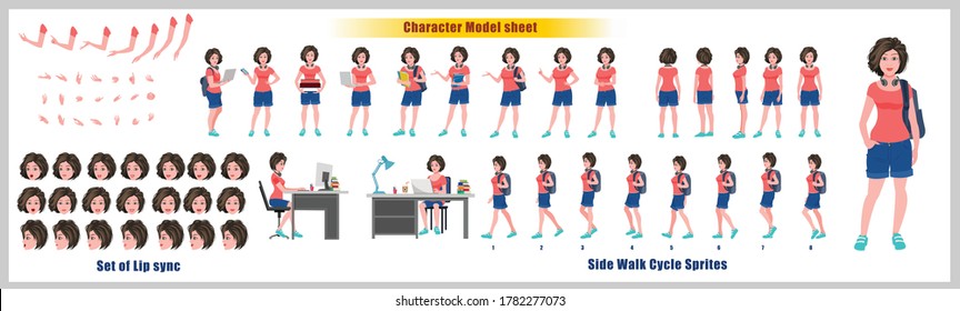 Girl Student Character Design Model Sheet With Walk Cycle Animation. Girl Character Design. Front, Side, Back View And Explainer Animation Poses. Character Set With Various Views And Lip Sync