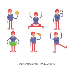 Conjunto de personajes de estudiante de niña en diferentes poses ilustración vectorial