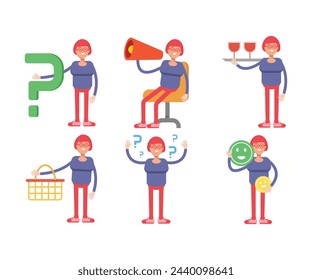 Conjunto de personajes de estudiante de niña en diferentes poses ilustración vectorial