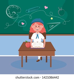 girl student in the desk with book and apple fruit