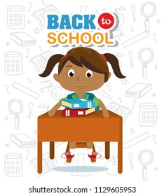 girl student in the desk learning with books vector illustration