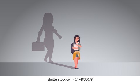 girl student dreaming about being businesswoman shadow of business woman with briefcase imagination aspiration concept female cartoon character standing pose full length flat horizontal