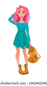 Girl student in a dress with a backpack playfully straightens hair. Vector illustration. Character in a cartoon style. Teenager, hipster, beautiful woman with pink hair  in fashionable shoes.