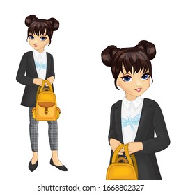 Girl student dressed in dark jacket holds yellow backpack